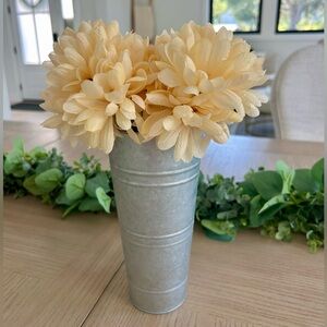 Faux Floral Arrangement in Cream Chrysanthemums With Silver Tin Vase